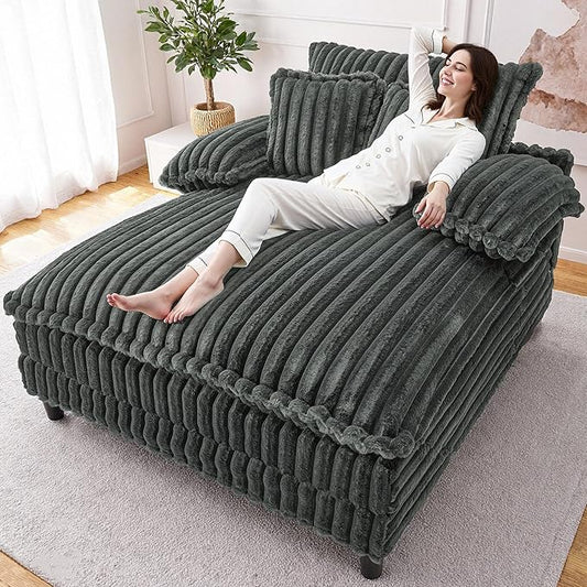55 W Oversized Chaise Lounge Sofa Couch with 5-Position Adjustable Backrest Plush Sleeper Chair Sofa Bed Reading Chair ‌with Deep Seat Cloud Couches for Living Room Bedroom Dark Grey