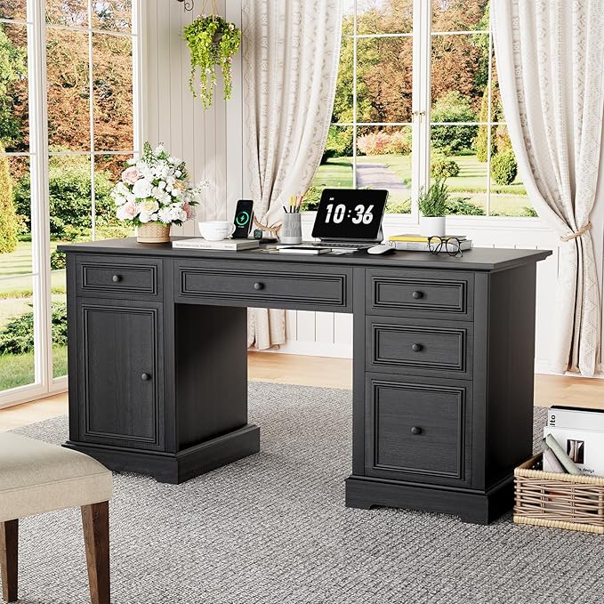 Vipbear 60 Farmhouse Executive Desk with Drawers and Cabinet Embossed Texture Wood Home Office Desk Rustic Computer Writing Desk Workspace for Work Study Writing Black