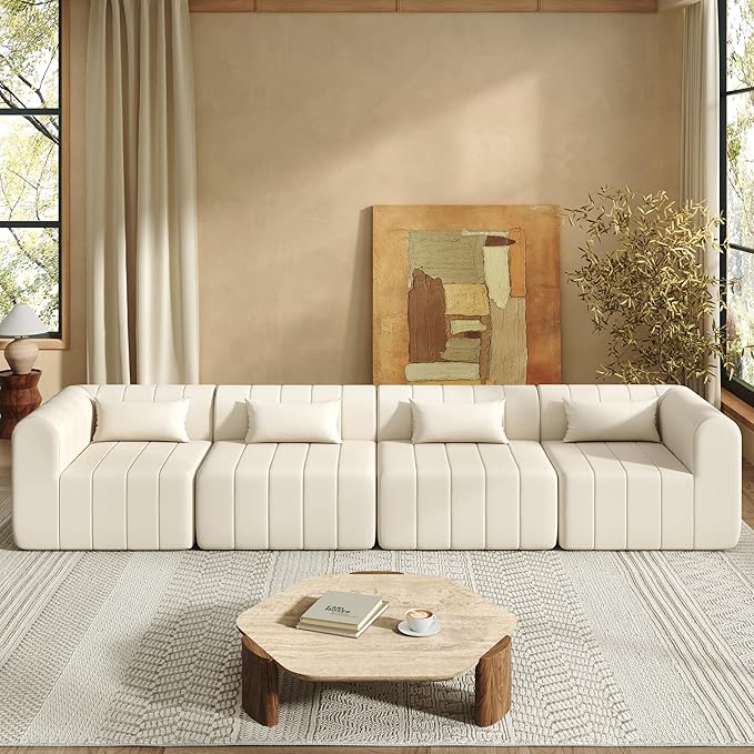 145.5 Inch Modular Full-Compressed Sectional SofaBeige Polyester Upholstered Modular Sofa with 4 PiecesCompressed Sponge Modular Couch for Living Room (Beige#81)
