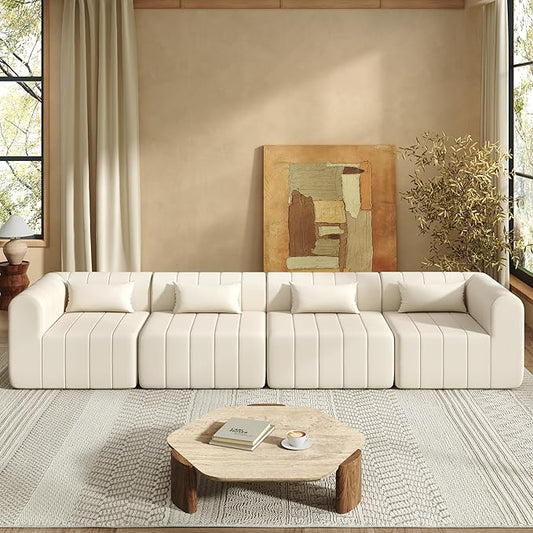 145.5 Inch Modular Full-Compressed Sectional SofaBeige Polyester Upholstered Modular Sofa with 4 PiecesCompressed Sponge Modular Couch for Living Room (Beige#81)