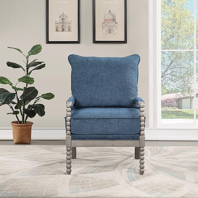 OSP Home Furnishings Abbott Spindle Accent Chair with Padded Spring Seat and Brushed Grey Base Azure Blue Fabric