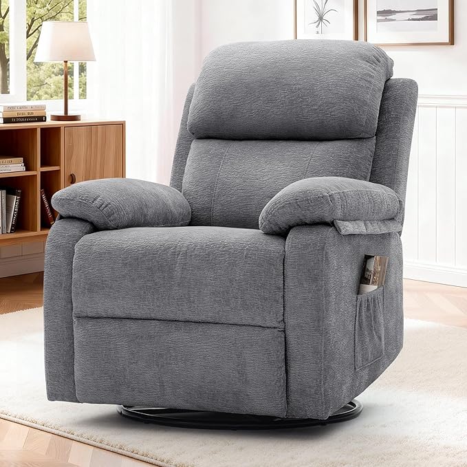 Recliner Chair 360 Swivel Rocker Chair for Adults Small Rocking Recliner Chair for Small Spaces Upholstered Chenille Fabric Glider Recliner Nursery Chair with Side Pockets for Living Room