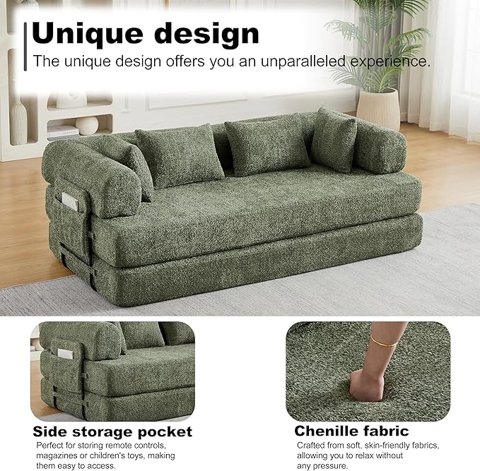 78.7 Chenille 4-in-1 Folding Convertible Sofa Bed Boneless Couches with 4 Pillows &amp Convenient Side Pockets Comfy Foldable Compressed Sofa in Box Floor Sofa Lounge Couch for Living Room(Green)