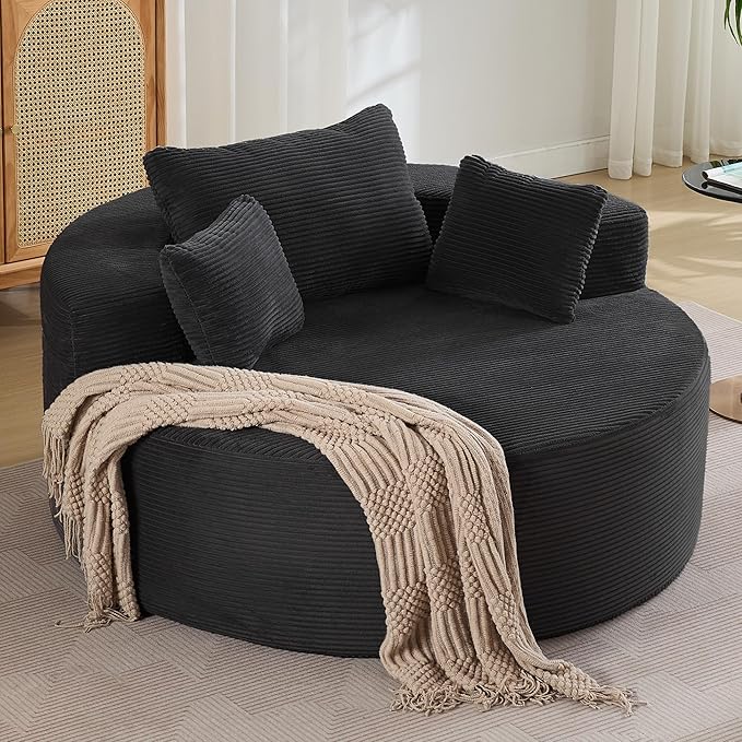 55''Oversized Round Boneless Chaise Lounge ChairCorduroy Modern Floor Sofa Deep Seat Compressed Circle Comfy Barrel Chair No Assembly Sleeper Cloud Sofa Couch Bed for Living Room BedroomBlack