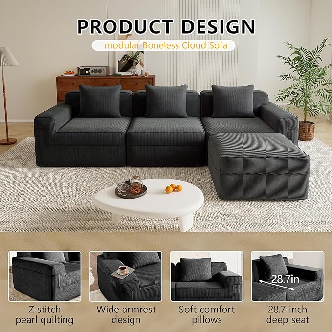 Boneless Couch117.3 No Assembly L Shaped Oversize Modular Sectional Cloud CouchSolid Foam Corduroy Sofa with Ottoman for Living Room (Black Corduroy3 Seats with Ottoman)