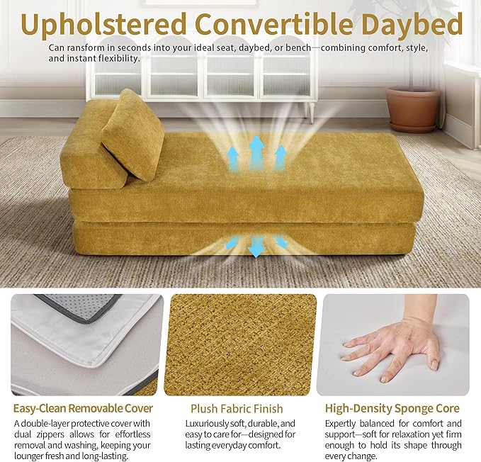 Convertible Chaise Lounge Chair Indoor Boneless Cloud Couch with 2 Pillows Sleeper Sofa for Living Room Bedroom Reading Nook- No Need Assembly (Yellow)