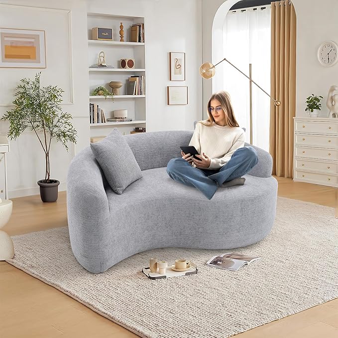 Modern Chenille S-Curved Modular Loveseat Sofa 66.9 Compression Sponge Boneless Couch No Assembly Required Cozy Upholstered Seating for Living Room Apartment Office or Meditation Space (Grey)