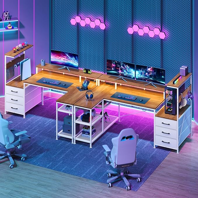 L Shaped Gaming Desk with Drawers &amp Storage Shelves Corner Gaming Desk with Power Outlets &amp LED Light Reversible Computer Desk with Monitor Stand &amp Hooks Brown and White