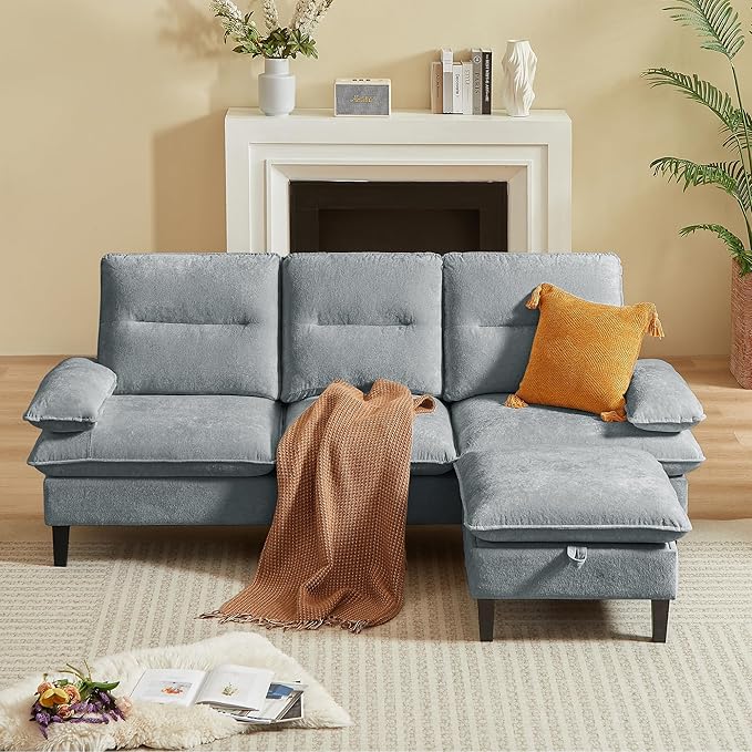 86'' Chenille Sofa with Storage Ottoman Modern Living Room Sofa with Removable Washable Cushion 3 Seater Comfy Couch for Apartment Bedroom Office (Light Grey)