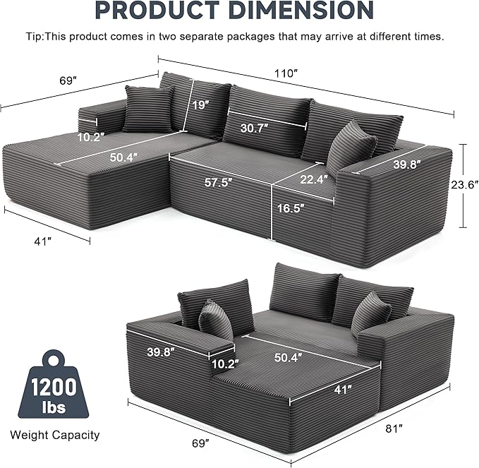 110 Inch Cloud Sectional Couch Modular Sectional Sofa with Deep Seat Boneless Sofa for Living Room Fluffy Comfy Couch with L-Shaped Chaise Grey
