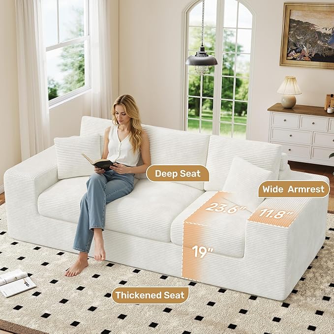 Nalupatio 91.7 Boneless Sofa Couch3 Seater Cloud Couch with Layered CushionUpholstered Corduroy Floor Sofa with Deep Seat &amp Removable Cover &ampThrow Pillows for Living RoomNo Assembly Beige
