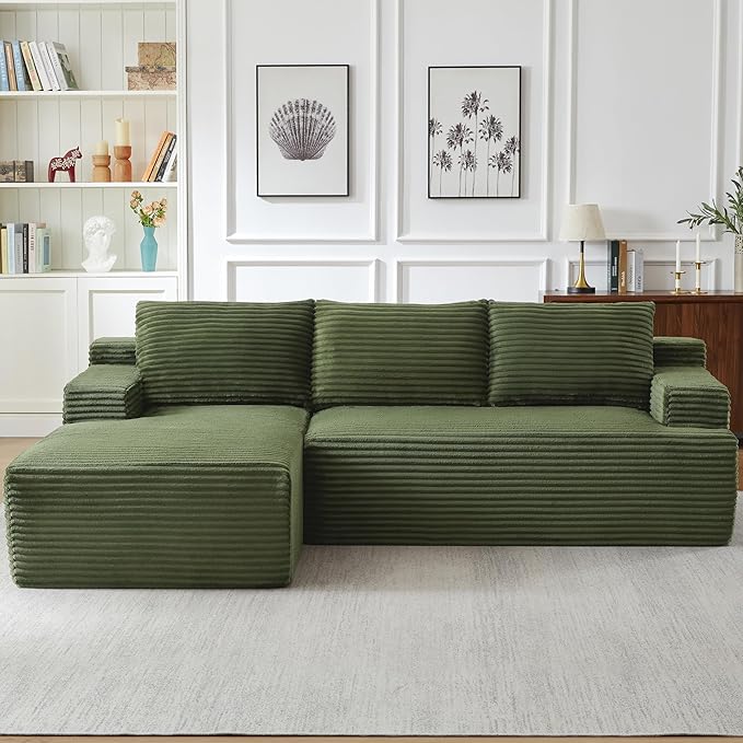 Modern Corduroy Modular Sectional Sofa96.1 Minimalist Style L-Shaped 3 Seat Couch with Side Storage PocketsComfortable Chaise Lounge for Living RoomReception AreaGreen Left Chaise Lounge