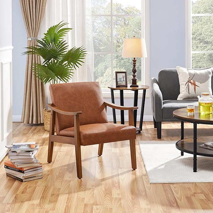 Yaheetech PU Leather Accent Chair Mid-Century Modern Armchair with Solid Wood Legs Reading Leisure Chair with High Back for Living Room Bedroom Waiting Room Light Brown
