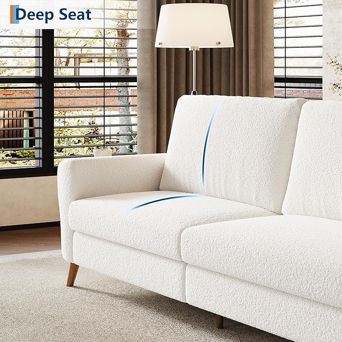 IDEALHOUSE 84 Inch Modern Sofa Couch Large 3-Seater Sofa with Streamlined Armrests Boucle Loveseat Wood Feet Comfy Couch for Living Room Apartment Lounge White