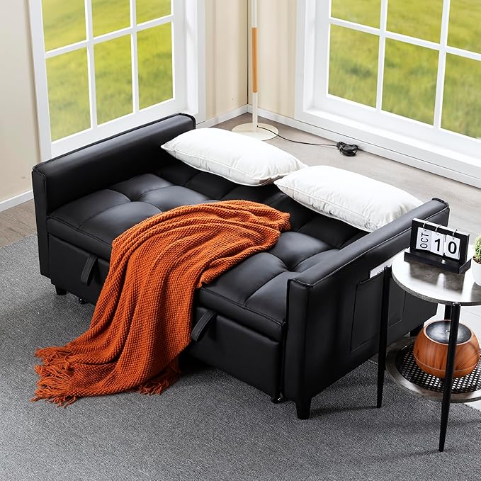 3 in 1 Convertible Sofa Bed Love Seat Sleeper Bed with Side Pockets PU Fabric Pull Out Couch with Adjustable Backrest for Living Room Bedroom Apartment Black