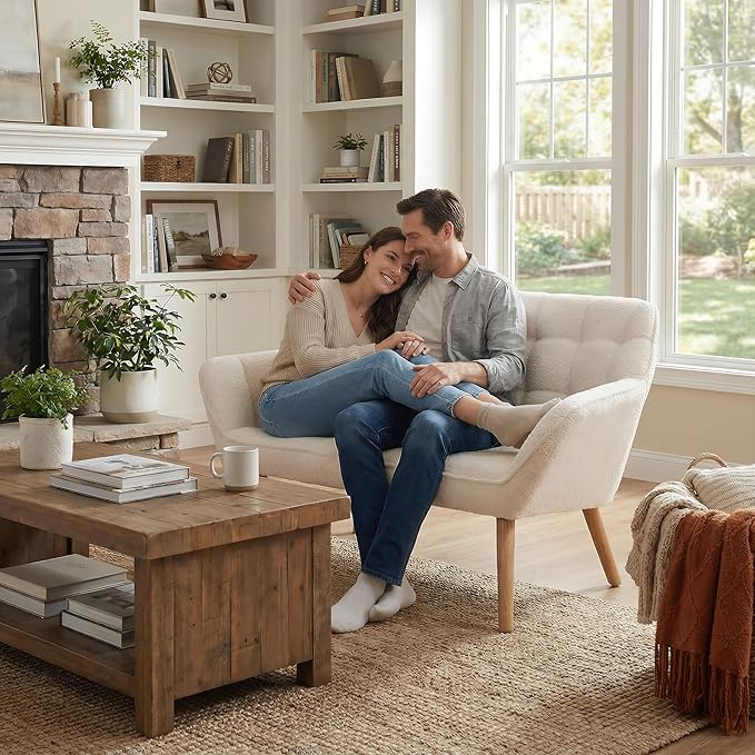 48”Small Loveseat Sofa Modern Sherpa Upholstered Mini Couch 2-Seater Fluffy Love Seat with Quilting Backs and Wood Legs for Living Room Bedroom and Small Space White