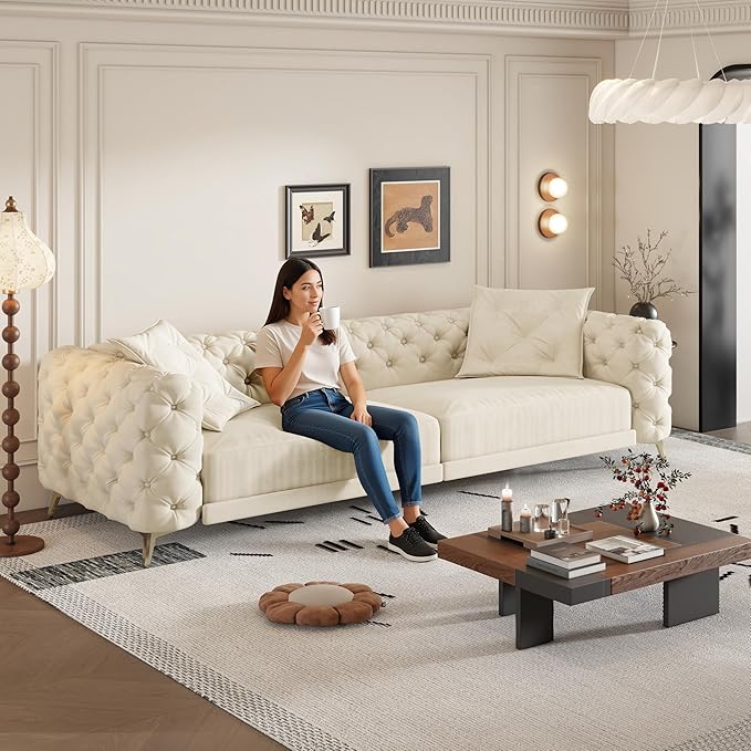 97.7 3-in-1 Convertible Pull Out Sofa Bed King Size Deep Seat Pull Out Sofas BedButton Tufted Modern Sofa4-Seater Couch with Movable Ottoman for Living RoomApartmentOfficeBeige