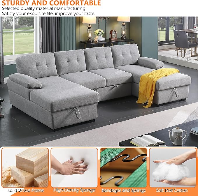 BEEY Sofa Bed 118 Oversized Sleeper Sectional Sofa with Storage Chaise U Shaped Sectional Couch with Pull Out Bed 6 Seater Pull Out Couch Bed for Living Room Bedroom (Light Grey_4 Seater)