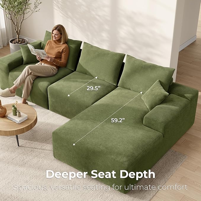 LIKIMIO 120 Modular Sectional Sofa Modern Boneless Cloud Couch Oversized 3-Seater Comfy Deep Seat L-Shaped with Chaise for Living Room No Assembly Required Corduroy Upholstery Green