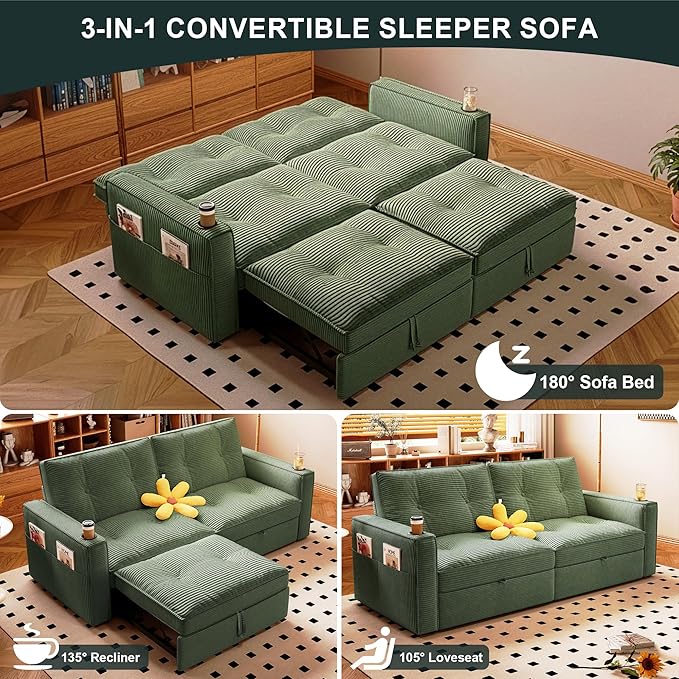 Sleeper Sofa Bed Queen Size Sofa Bed Convertible Pull Out Couch with Adjustable Backrest USB Port and Side Pockets Modern 2 Seater Small Couches for Living Room Space-Saving