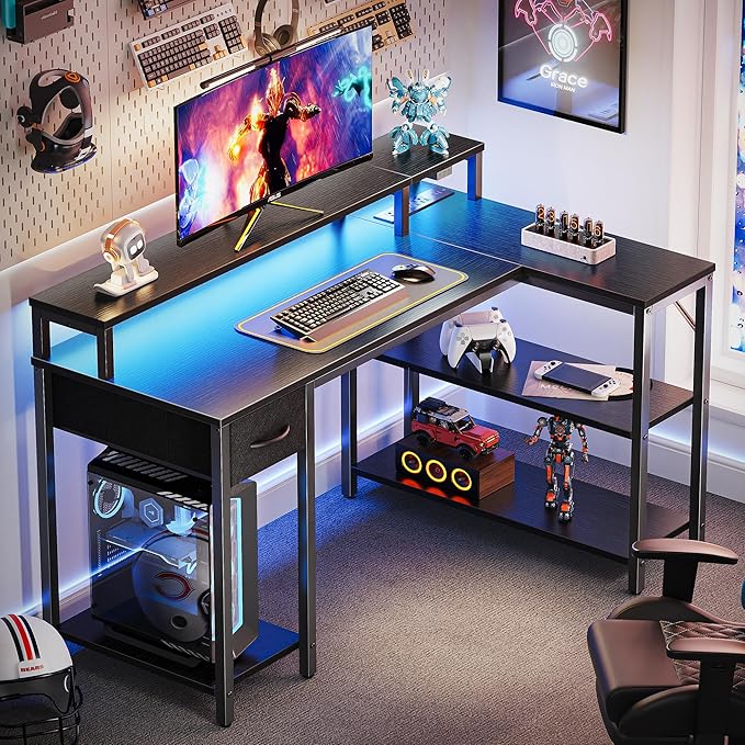 SUPERJARE 47 inch L Shaped Gaming Desk with LED Lights &amp Power Outlets Reversible Computer Desk with Shelves &amp Monitor Stand Corner Desk with Drawer for Home &amp Office Black