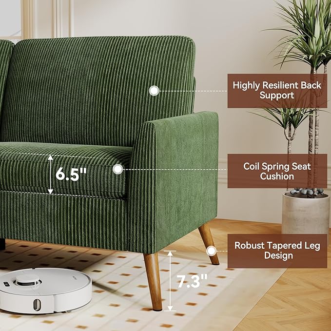 Vipbear 68 Loveseat Sofa - Green Comfy Corduroy with Spring Cushion Solid Wood Frame Modern Deep Seat Bedroom &amp Living Room Office Small Couch