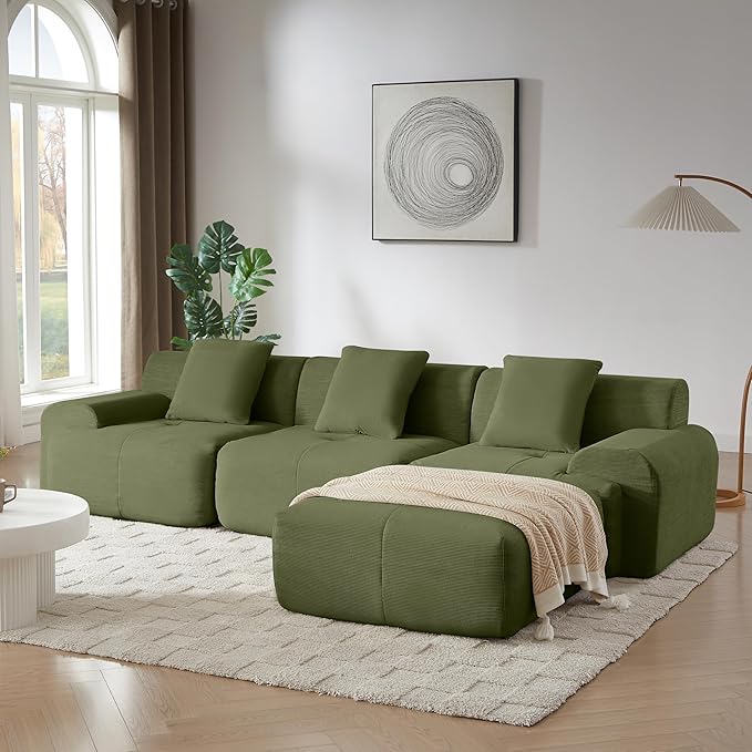 113 Modern L-Shaped Modular Sectional Sofa for Living Room Corduroy Upholstery Oversized 3-Seater Couch with Deep Seat and Movable Ottoman – No Assembly (Green)