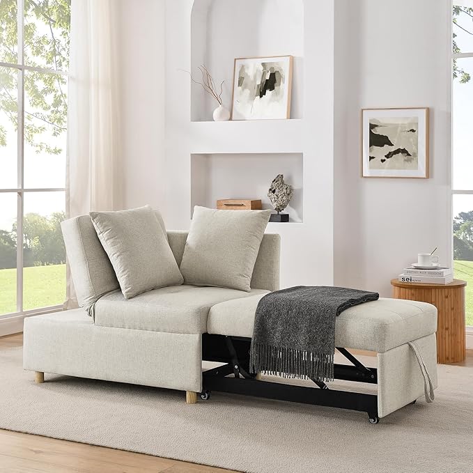69.7 Convertible Sleeper Chair with Pull Out Bed Modern 3 in 1Comfy Single Reclining Sofa Recliner Futon Armchair with Adjustable Backrest Bed Chair for Bedroom Living Room Indoor Lounge.Beige
