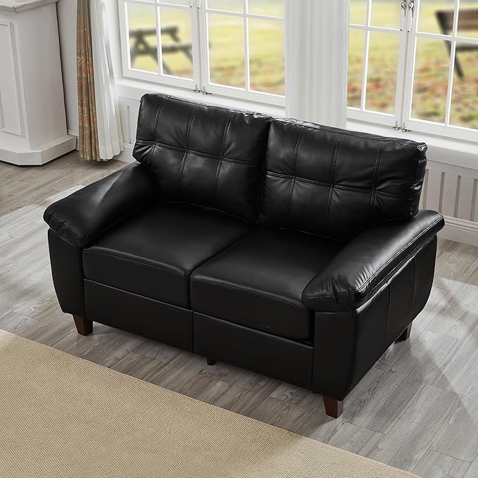 Polibi 59 Modern Loveseat Sofa with Hidden Storage - Faux PU Leather Pocket Spring &amp High-Density Foam Cushion Wide Padded Armrests Solid Wood FrameBlack