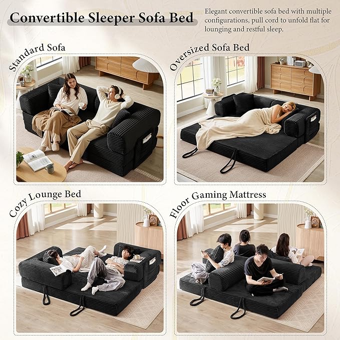 Boneless Couch Futon Sofa Bed Sectional Couches for Living RoomCloud Couch with Sleeper SofaSofas for Living Room Oversized Corduroy Upholstered (Black 81 Inches (with Iron Frame))
