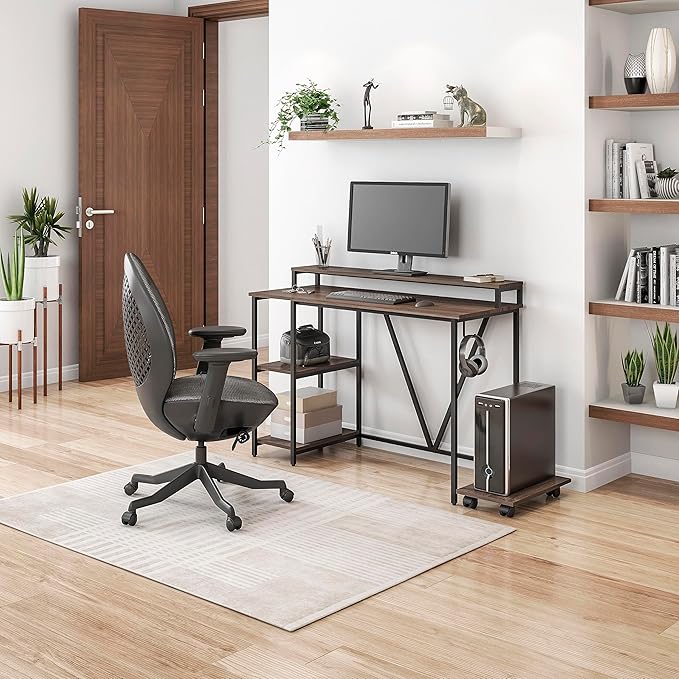 Techni Mobili Computer Desk - Industrial Writing Desk with Storage Shelves Monitor Stand &amp Accessory Holder - Home Office Laptop Computer Table with CPU Caddy &amp 2-Tier Small Bookshelf Space