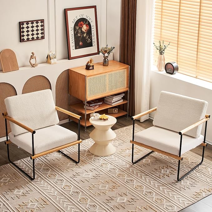 29in Boucle Fabric Accent Chair for Bedroom Modern Lounge Chair for Living Room Upholstered Reading Armchair with Metal and Wooden Arms (Natural x2)