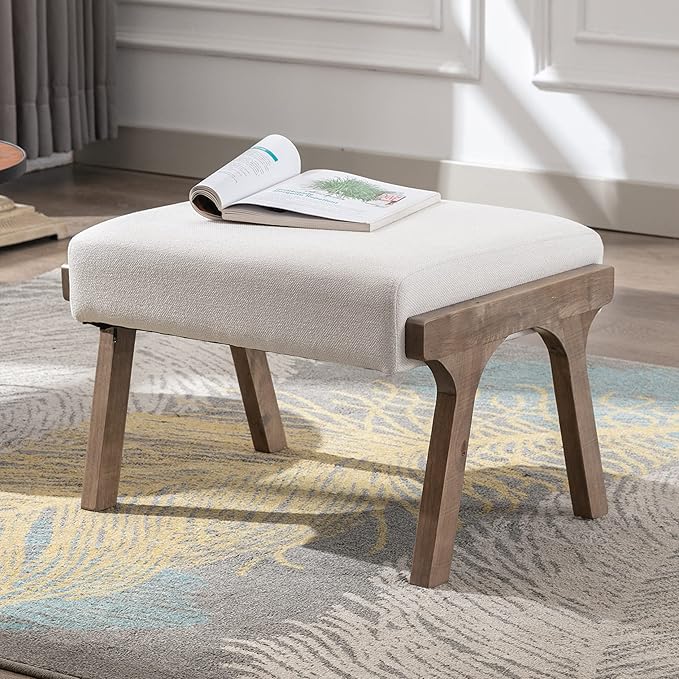chairus Mid-Century Modern White Linen Accent Chairs with Ottomans Set of 2 Comfy Upholstered Lounge Armchairs with Solid Wood Frame Fabric Reading Chairs for Living Room Bedroom Office