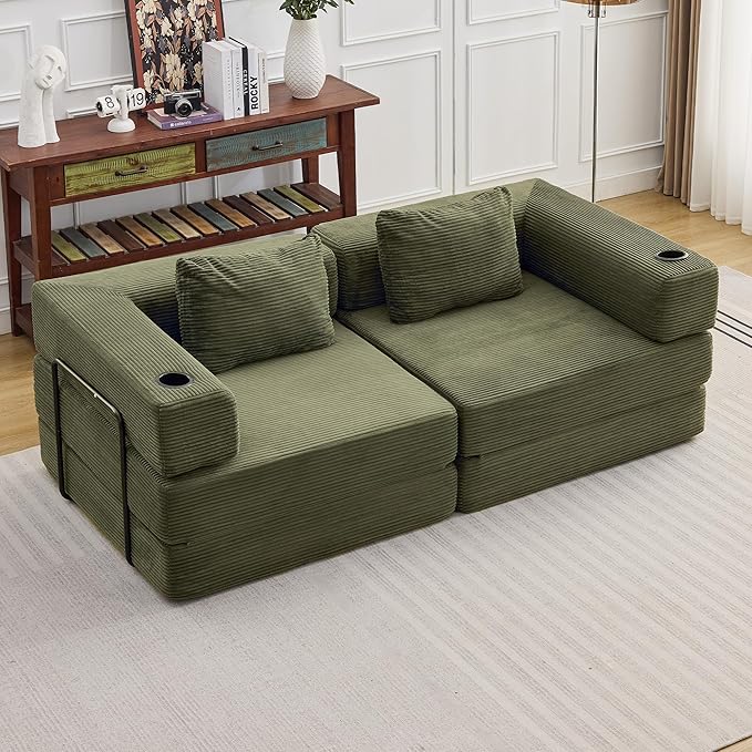 78 Loveseat Sleeper Sofa 4 in 1 Convertible Floor Sofa Bed Boneless Cloud Couch with Cup Holder Fold Out Floor Couch for Living Room Bedroom Lounge Corduroy Olive