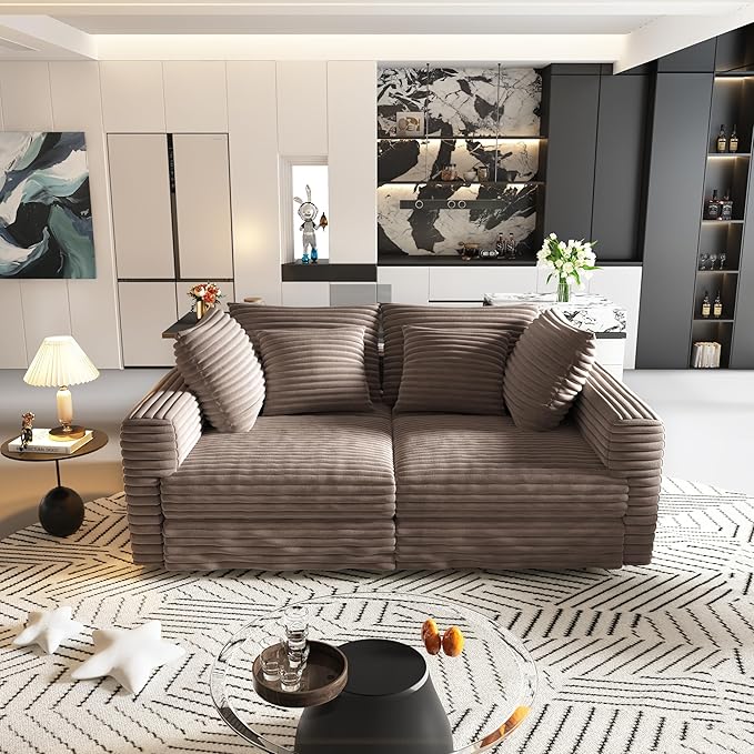 Ball &amp Cast 102.4 Plush Corduroy 4 Seater Sofa with Movable OttomanDeep Seat L Shaped Cloud Couches with Soft PillowsComfy Convertible Sectional Couch Lounge Chair for Living RoomOfficeCamel