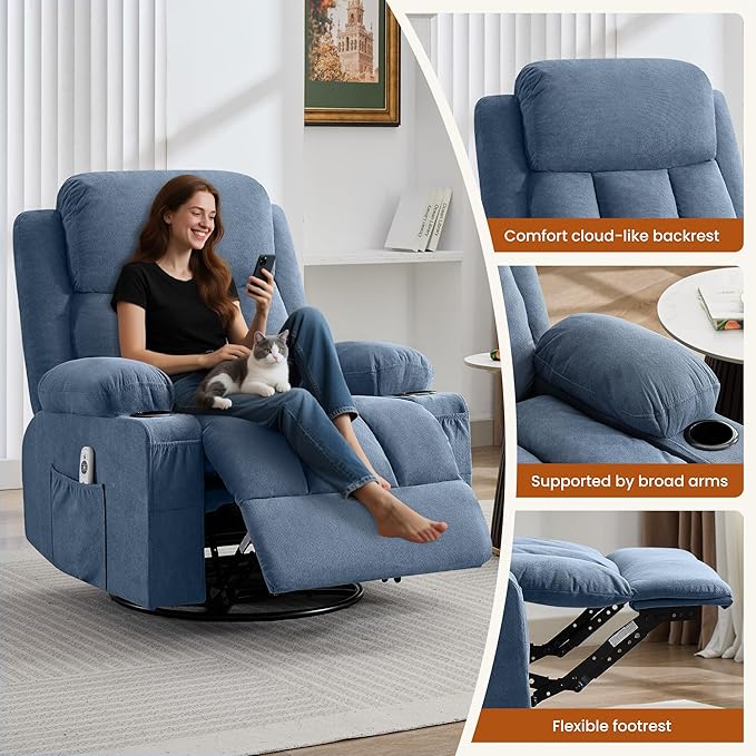 Swivel Rocker Recliner Chair with Vibration Massage and Heat for Living Roomwith Rocking Function and Side Pocket USB Charge Port2 Cup Holders