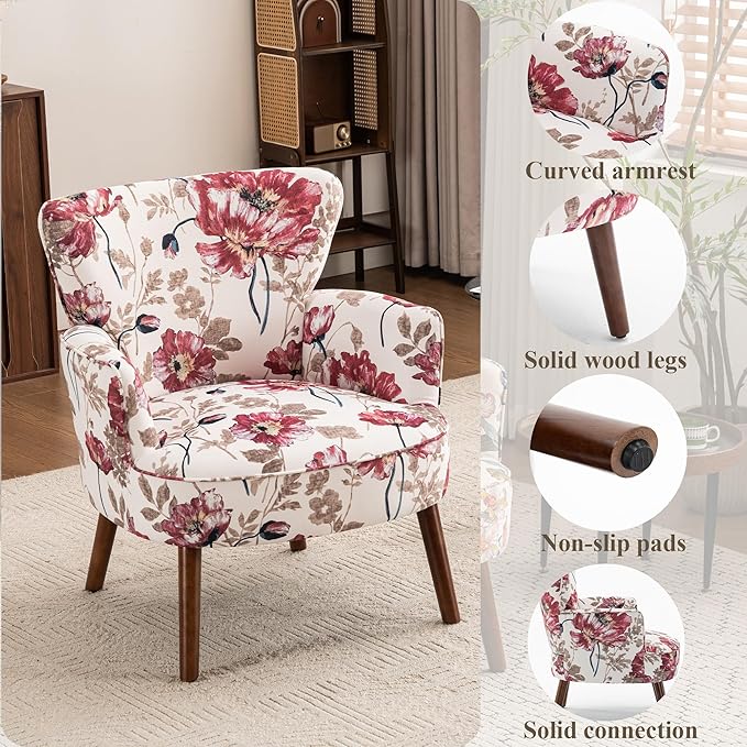 Floral Accent Chair Set of 2 Upholstered Living Room Chairs with Solid Wood Legs Mid Century Modern Velvet High Back Armchair for Bedroom Living Room Pink
