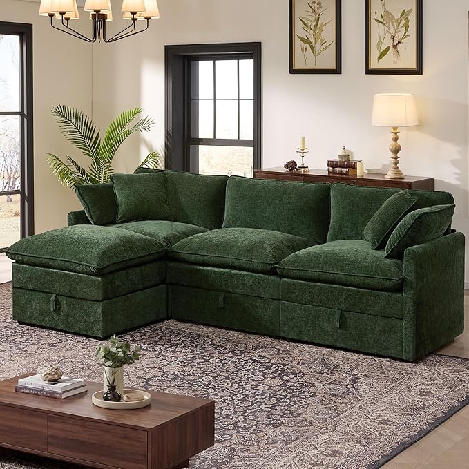 Ihanherry 103 Modular Sectional Sofa with Storage L Shaped Cloud Couch with Movable Ottomans &amp 4 Pillows Chenille Deep Seat Sectional Couches for Living Room Apartment (Green)