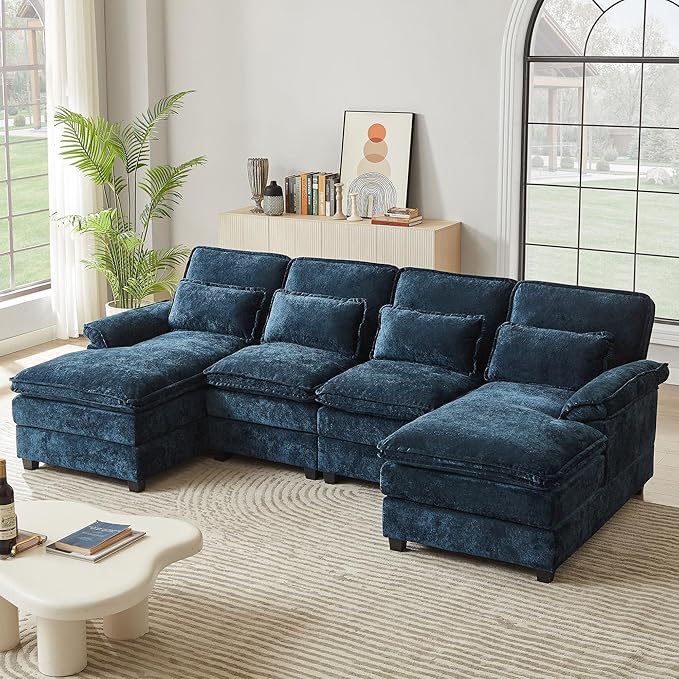 113 U Shaped Sectional Sofa Comfy Cloud Couch Chenille Sofa Sleeper Deep Seat Sofa with 4 Throw Pillows 4-Seater Double-Layer Modern Sofa for Living Room Dark Blue