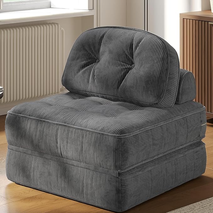 Dowinx Folding Sofa Bed with Pillow Small Convertible Comfy Couch Bed for Adults Home Lounge and Gaming Modern Comfortable Design for Apartment Living Room Bedroom Ribbed Velvet Gray