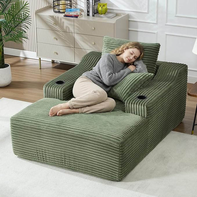 Boneless CouchComfy Fluffy Sofa BedUpholstered Sleeper Sofa Couch with Throw Pillows and ArmrestsCorduroy Plush Cloud Couches with Cup Holder Green