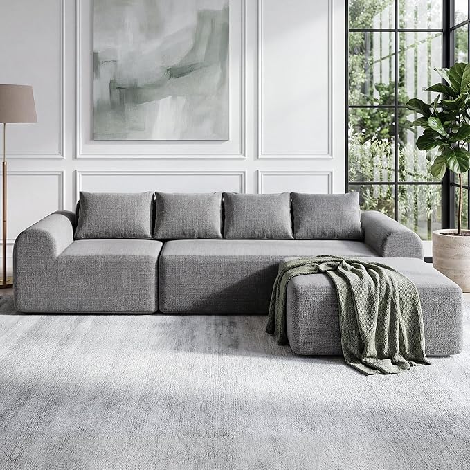 Decofy105.5 Modular Sofa Modern Boneless Sectional Sofa with Footstool No Assembly Required Extra-deep Chenille Fabric Seat L-Shaped Chaise Lounge Sofa Suitable for Living Room (Light Gray)