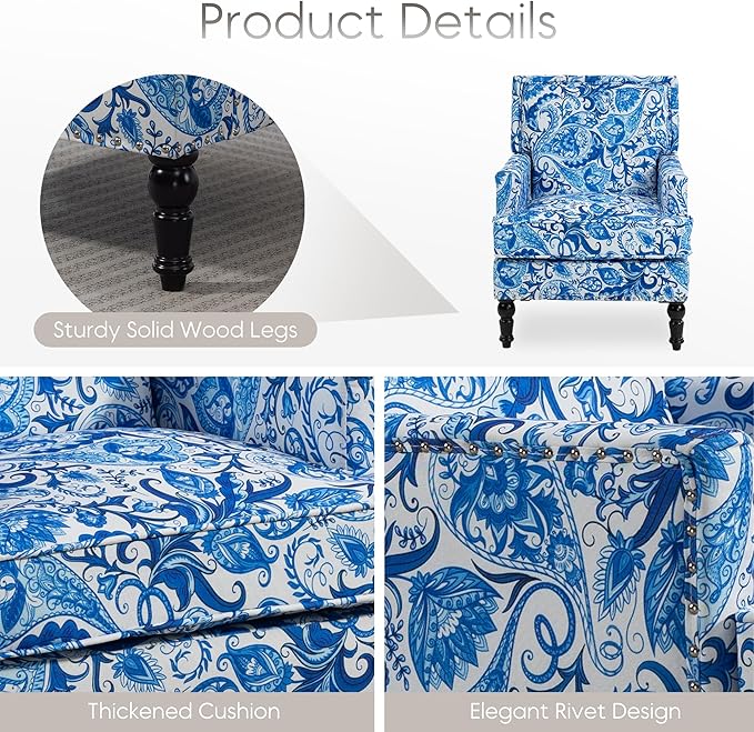 Vintage Upholstered Mid Century Accent Armchair with Solid Wood Frame &amp Plush Cushion for Living Room Bedroom Office - Blue Porcelain Print