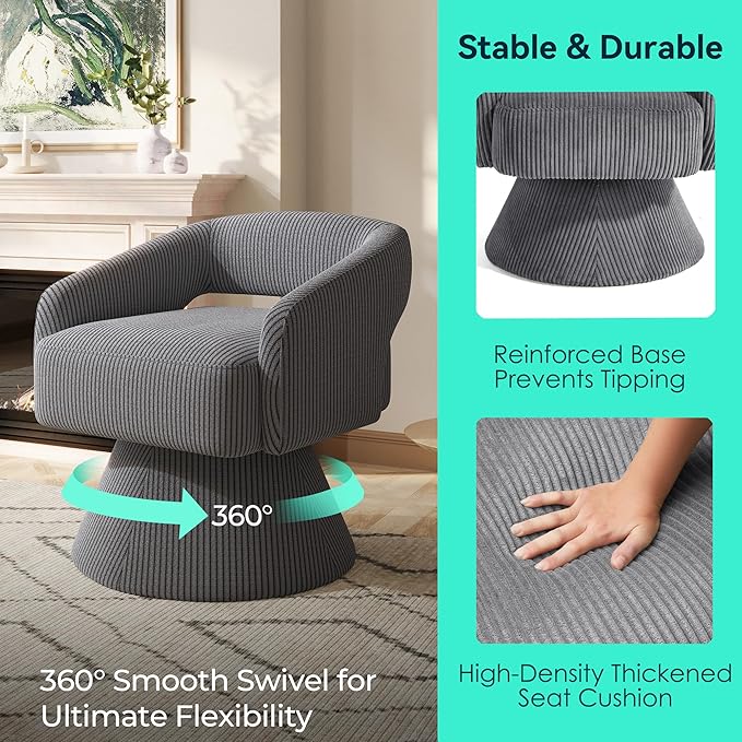 LINSY Swivel Chairs Set of 2 360 Modern Swivel Accent Chair Boucle Barrel Accent Chair Gray Corduroy Chair Small Round Chair for Small Spaces Bedroom Living Room