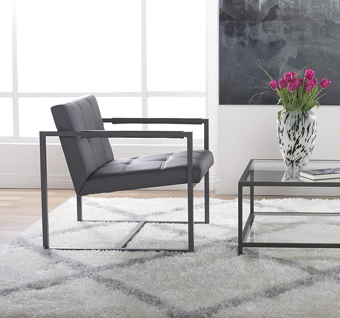 Studio Designs Home Modern Accent Chair Camber Mid-Century Pewter Grey Metal Frame &amp Smoke Bonded Leather