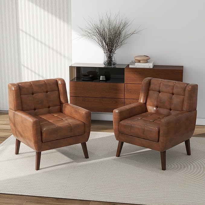 Accent Chair Comfy Mid Century Modern Small Armchairs with Solid Wood Frame and Soft Cushion for Living Room Bedroom (Faux Leather Coffee Set of 2)