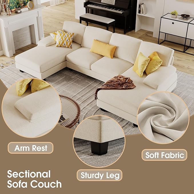Furmax Sectional Couches for Living Room U-Shaped Sofa Couch with Linen Fabric 4 Seat Sofa Set with Double Chaise for Apartment (Fabric White)