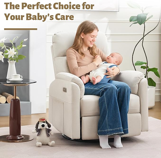 Power Glider Recliner Nursery Rocking Chair with USB Ports Glider Chair with Lumbar Pillow for Living Room Glider Swivel Recliner Chair for Nursery(Beige)
