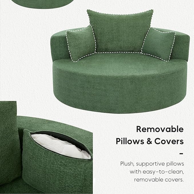 Oversized 360° Swivel Barrel Chair for Living Room Modern Comfy 56.3'' Round Boucle Reading Accent Chair with Extra Wide &amp Deep Seat Overstuffed Cushions Easy Assembly Vanilla Green