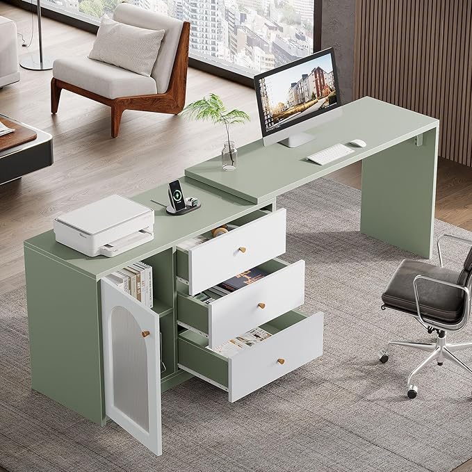 Tribesigns L-Shaped Computer Desk with Drawers Modern Corner Home Office Desk with Reversible Storage Cabinet Long Study Writing Desk Workstation for Home Office Cyan &amp White